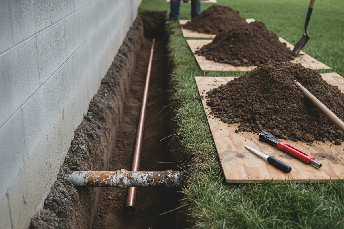 Excavated water line trench during Water Softener Installation in North Middletown